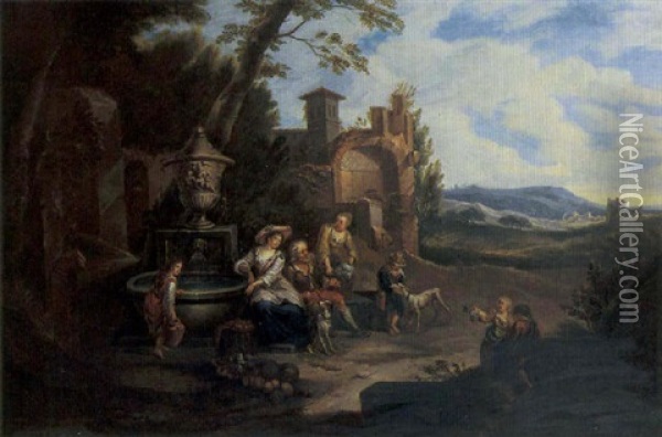 A Classical Italianate Landscape With A Peasant Family Resting By A Fountain With A Classical Urn, Mountains Beyond Oil Painting - Pieter Rysbraeck