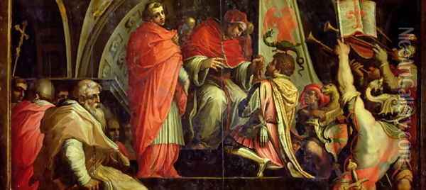 Clement IV (1265-68) delivering arms to the leaders of the Guelph party from the ceiling of the Salone dei Cinquecento, 1565 Oil Painting - Giorgio Vasari