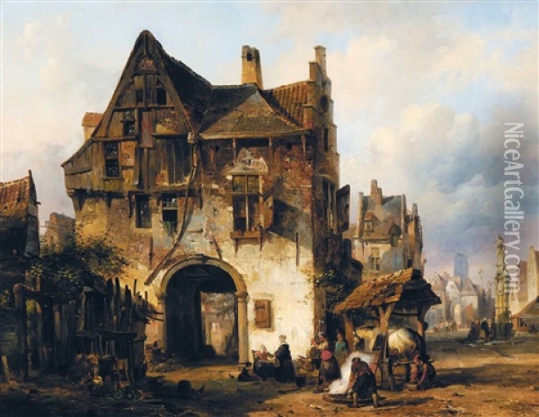 Oude Stad Met Smeden Aan Het Werk Oil Painting - Jean (Jan) Michael Ruyten