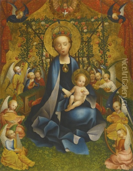 Madonna Of The Roses, Surrounded By Angels Making Music And Bearing Fruits Oil Painting - Stephan Loechner