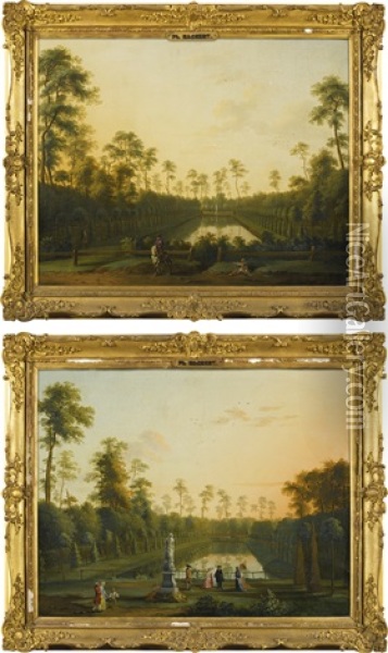 A View Of The Venusbassin, Tiergarten, Berlin, With Elegantly-dressed Figures; A View Of The Venusbassin, Tiergarten, Berlin, With A Gentleman On Horseback Oil Painting - Jacob Philipp Hackert