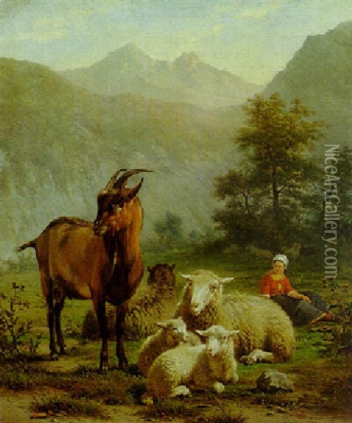 Shepherdess And Her Flock Oil Painting - Frans Lebret