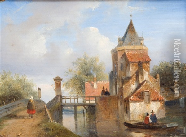 Slotgracht Met Houten Bruggetje'/ Wooden Bridge Over Castle Moat Oil Painting - Charles Henri Joseph Leickert