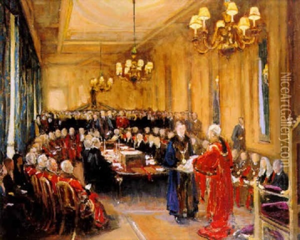 His Royal Highness The Prince Of Wales Receiving From The Lord Mayor Letters Patent Granting Livery To The Honourable Company Of Master Mariners Oil Painting - John Lavery