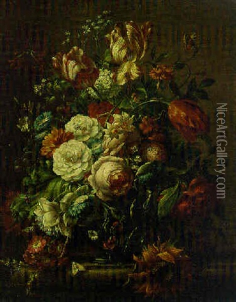 Roses And Other Flowers In A Glass Vase On A Ledge Oil Painting - Jean-Baptiste Monnoyer