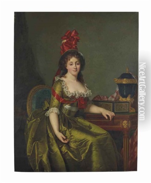 Portrait Of A Lady, Seated, Three-quarter-length, In A Green Satin Dress And A Bonnet With Red Ribbons Oil Painting - Rose Adelaide Ducreux