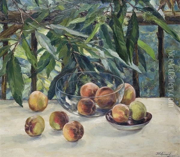 Still Life With Glass Cup And Peaches Oil Painting - Max Schleinitz