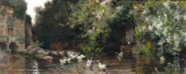 Patos En Un Estanque Oil Painting - Francisco Pradilla y Ortiz