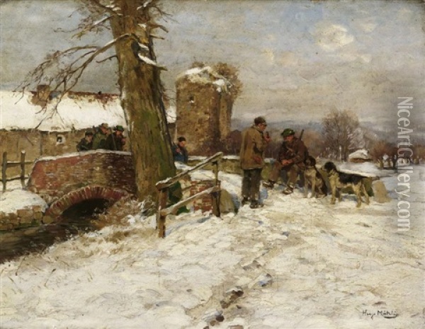 Bei Der Winterlichen Hasenjagd Oil Painting - Hugo Muehlig