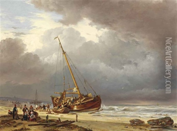 Fishermen Unloading Their Barge On The Beach Oil Painting - Johan Hendrik Meyer