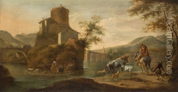 River Landscape With Shepherds And Herds Oil Painting - Nicolaes Petersz Berchem