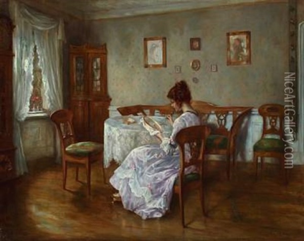 Interior With A Girl Embroidering Oil Painting - Otto Theodore Gustav Lingner
