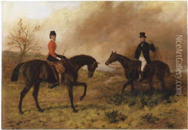 Sporting Landscape With Gentleman And Lady In Hunt Attire On Horseback, With Other Riders Along A Country Road Oil Painting - Stephen Pearce