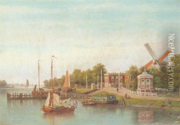 Sailing Boats On The Amstel, Amsterdam, With The Stadhouderskade Beyond Oil Painting - Johannes Jacobus Antonius Hilverdink