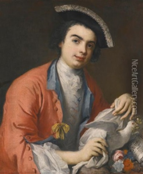 Portrait Of Carlo Broschi, Called Farinelli (1705-1782), Half Length, Wearing A Crimson Coat, A Tricorne Hat And Holding A Dove, With A Sheet Of Music Oil Painting - Jacopo Amigoni