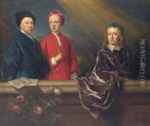 Group Portrait Of The Artist And
 His Son, Jonathan, With John Milton, Three-quarter-length, On A Balcony Oil Painting - Richardson. Jonathan