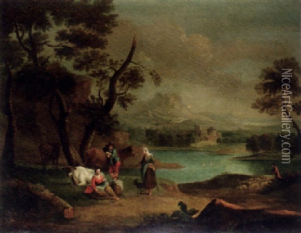 A Drover With Cattle And A Traveller Resting In A River Landscape Oil Painting - Johannes van der Bent
