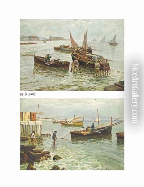 Fisherfolk In The Bay Of Naples; Fisherfolk Before Vesuvius (pair) Oil Painting - Attilio Pratella