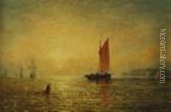 Shipping Along A Shore At Sunset Oil Painting - William Adolphus Knell