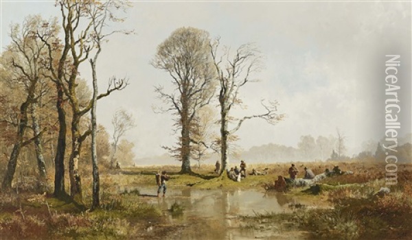 Resting Hunters In The Moss Oil Painting - Josef Wenglein