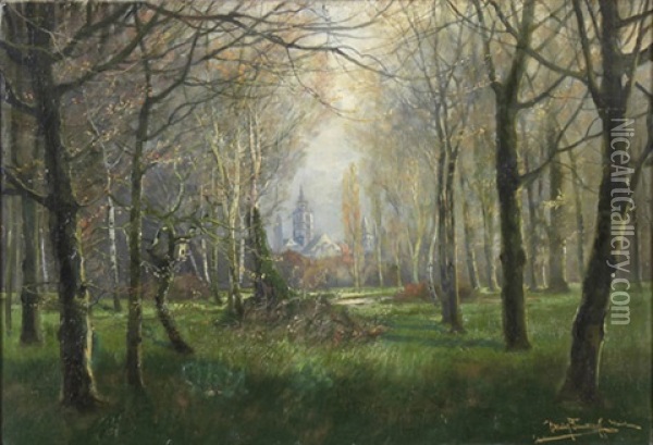 Blick Durch Eine Baumbestandene Rheinaue Auf Den Mainzer Dom Oil Painting - Carl Mueller-Trenkhoff