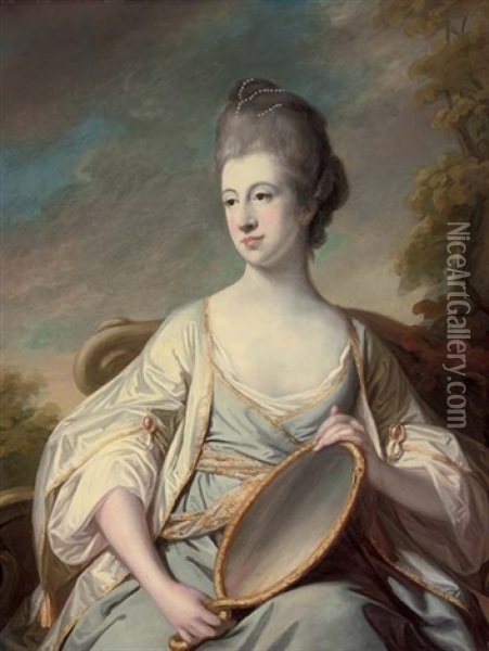 Portrait Of Mary Dering In An Oyster Satin Dress With Gold Trim, Holding A Mirror, In A Landscape Oil Painting - Francis Cotes