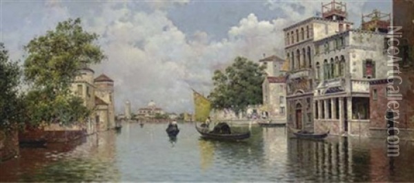 A Venetian Canal With A View Of The Island Of San Giorgio Maggiore In The Distance Oil Painting - Antonio Maria de Reyna Manescau