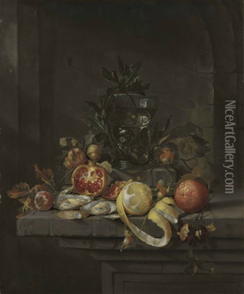 Pomegranates, Chestnuts, A Walnut, An Orange, And A Partially Peeled Lemon, With Oysters And A Roemer<br/>, On A Stone Ledge, In A Niche Oil Painting - Cornelis De Heem