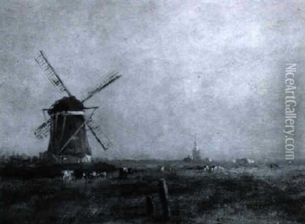 Cows In A Landscape With Windmill Oil Painting - Willem Maris