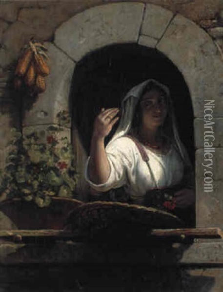 Italienerinde Der Hilser I Et Vindue Oil Painting - Wilhelm Nicolai Marstrand
