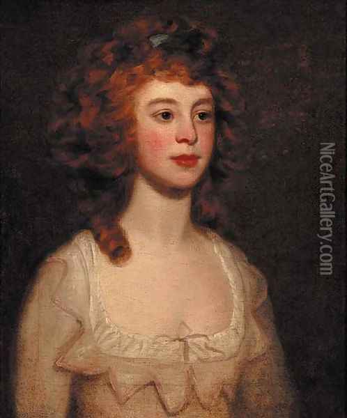 Portrait of a lady, quarter-length, in a cream dress, looking to her left Oil Painting - George Romney