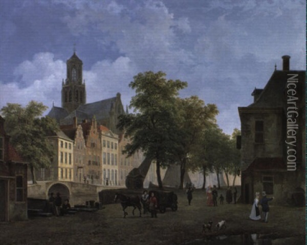 A Street Scene In Amsterdam Oil Painting - Bartholomeus Johannes Van Hove