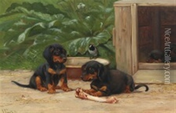 Dachshund Puppies Oil Painting - Herman Friedrich Funch