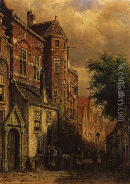 A View In A Town With Several Villagers In A Street, In Summer Oil Painting - Willem Koekkoek