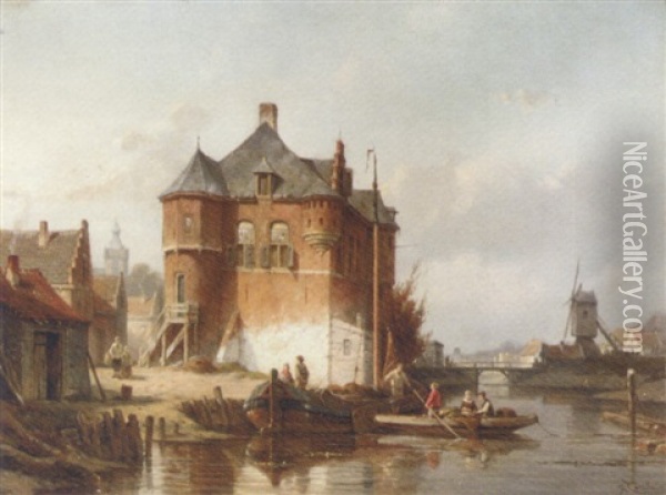 A View Of A Town With Figures Along The Banks Of A Canal Oil Painting - Jacques Francois Carabain