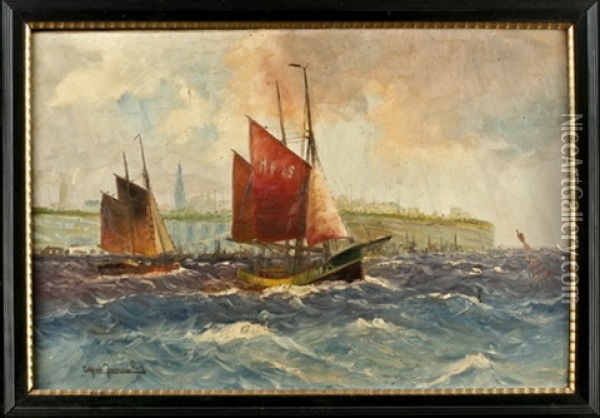 Fischerboote In Aufgewuhlter See Vor Der Kuste Oil Painting - Alfred Jansen