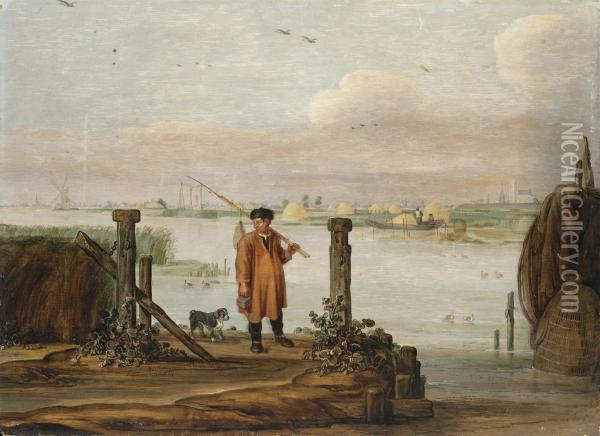 An Extensive River Landscape With A Fisherman Oil Painting - Arentsz van der Cabel