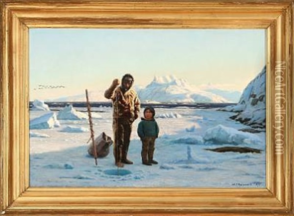 Two Inuits - Father And Son - Fishing At Kangersuneq (godthaab Fiord), Greenland Oil Painting - Carl (Jens Erik C.) Rasmussen