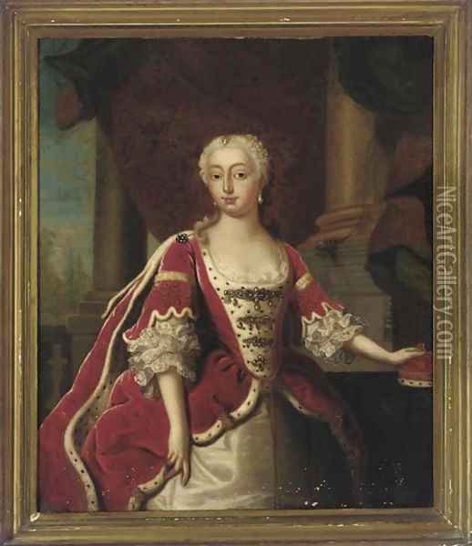 Portrait of Augusta, Princess of Wales (1719-1772), three-quarter-length, in an ermine-trimmed dress, her left hand resting on her crown Oil Painting - Jean Baptiste van Loo