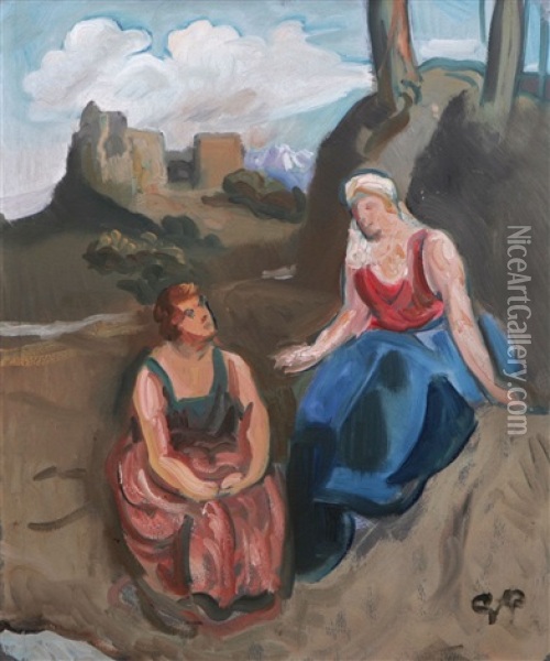 Tva Kvinnor I Sydlandskt Landskap Oil Painting - Georg Pauli