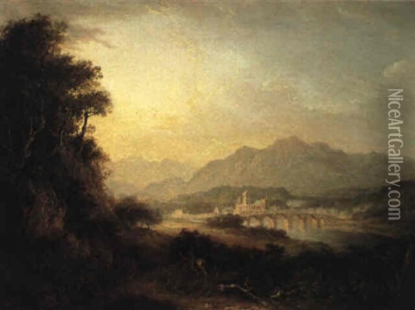 Landscape With View Of Dunkeld On The River Tay Oil Painting - Alexander Nasmyth