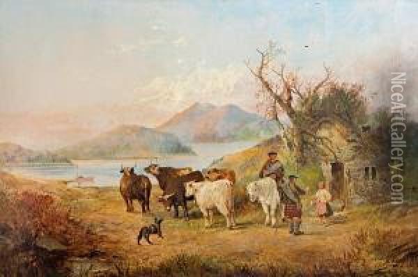 Scottish Drovers Seeking Refreshment At Awayside Bothy Oil Painting - Joseph Horlor