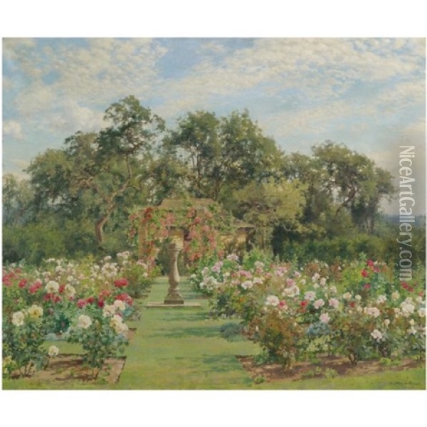 A Sundial In A Rose Garden Oil Painting - Alfred William Parsons