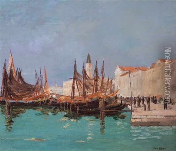 Gondolas En Venecia Oil Painting - Gino Albieri