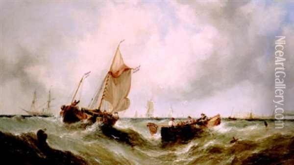 A Paddle Steamer, Fishing Vessels And Other Shipping Off A Headland Oil Painting - William Callcott Knell