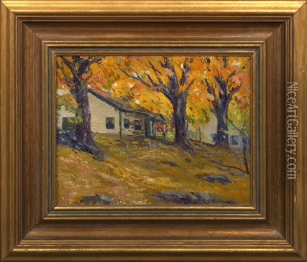 Autumn Landscape With Cabins Oil Painting - Arthur J. Hammond