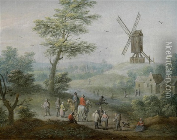 Travellers In A Landscape, A Windmill Beyond Oil Painting - Balthasar Beschey