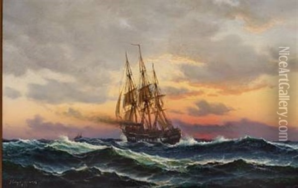 Seascape With Ships In The Sunset Oil Painting - Holger Luebbers