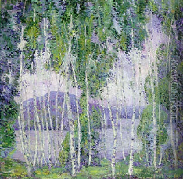 White Birches Oil Painting - Jonas Lie