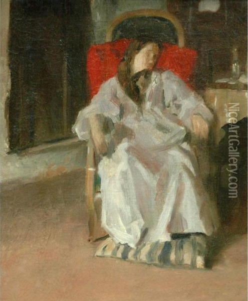 Woman Seated In An Armchair Oil Painting - Louis Loeb